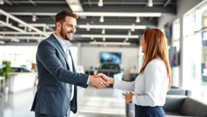 Professional automotive salesman shaking hands with satisfied customer in modern dealership showroom, bright natural lighting through large windows, contemporary furniture and digital displays visible in background, clean and professional environment