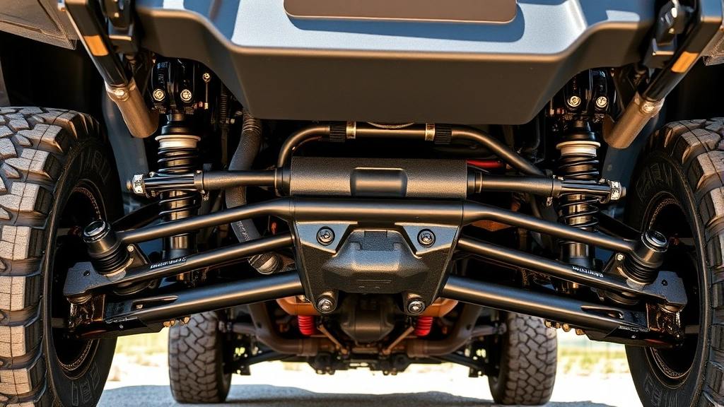 Close-up detail shot of a Ford Ranger Raptor's suspension system and undercarriage showing specialized off-road components, shock absorbers, and protective skid plates during daylight, technical detail photography, no text visible