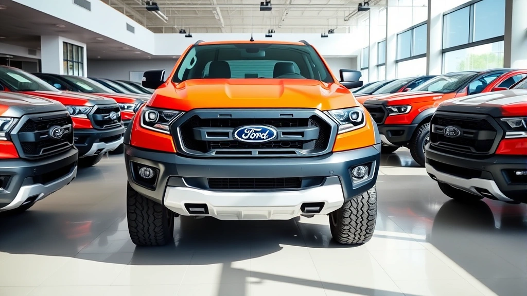 A Ford Ranger Raptor truck parked in a dealership showroom or outdoor lot with multiple similar trucks visible in the background, displaying the vehicle from a three-quarter front angle, natural daylight, professional automotive retail environment