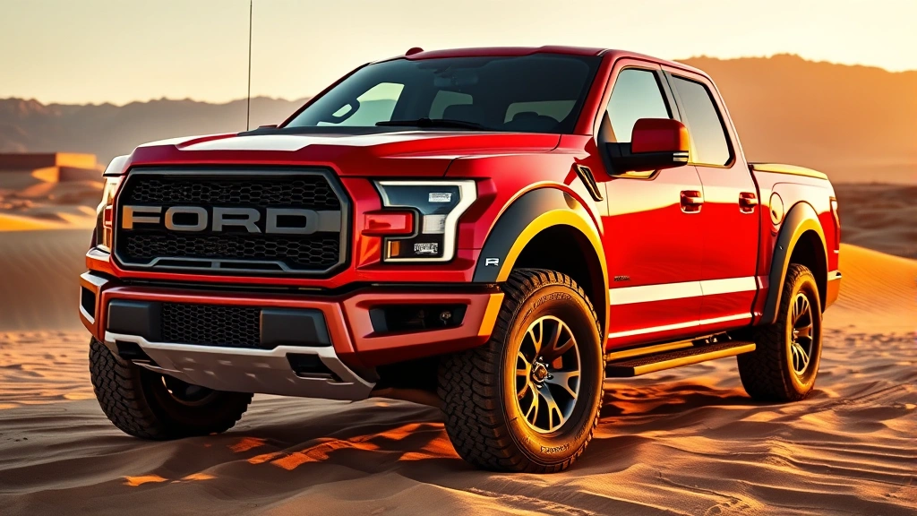 Professional overhead shot of red Ford F-150 Raptor R parked on desert sand dunes at golden hour with mountains in background, showcasing aggressive front grille and muscular body lines, photorealistic high-quality automotive photography