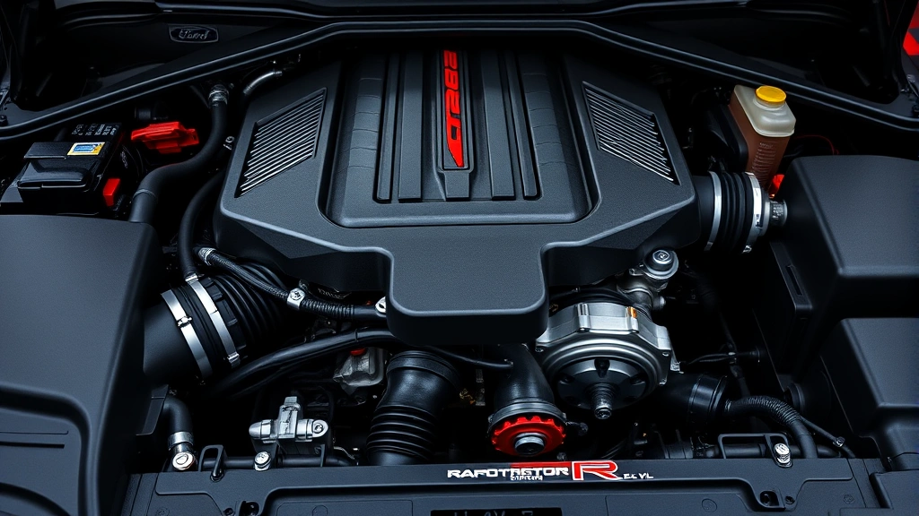 Close-up detail of Ford Raptor R supercharged engine bay showing 5.2L V8 engine with visible valve covers and engine components, professional studio lighting emphasizing mechanical detail and engineering quality