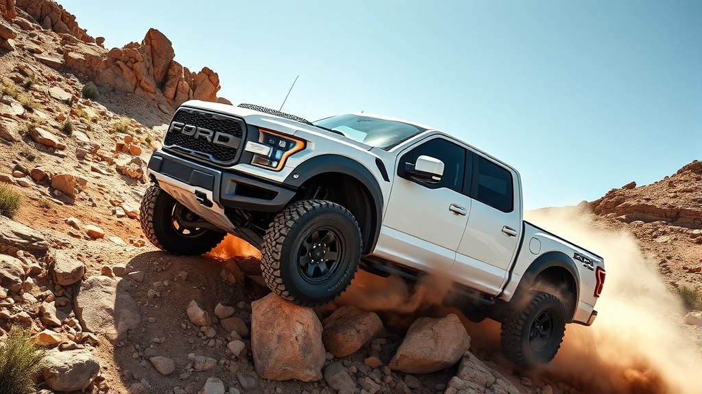 Aerial view of white Ford Raptor R navigating rocky off-road terrain with dust clouds, demonstrating suspension articulation and all-terrain capability in challenging landscape environment