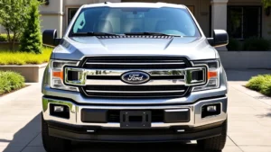 Professional photograph of a silver Ford F-150 SuperCrew parked in a modern driveway with green landscaping, showing the truck's front three-quarter angle with clear details of the grille, headlights, and truck bed in natural daylight