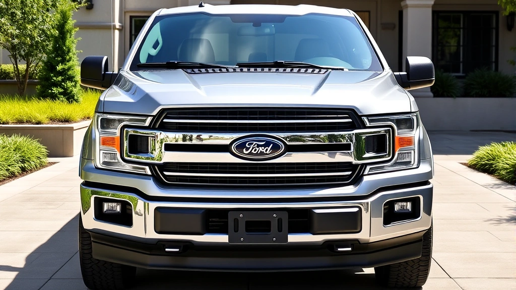 Professional photograph of a silver Ford F-150 SuperCrew parked in a modern driveway with green landscaping, showing the truck's front three-quarter angle with clear details of the grille, headlights, and truck bed in natural daylight