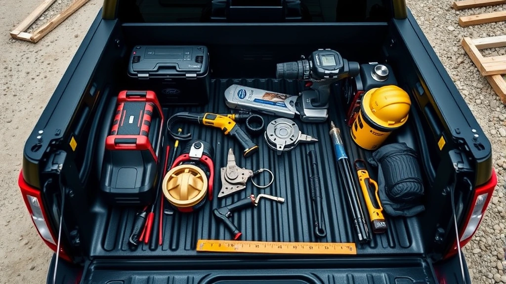 Overhead view of a Ford Super Duty F-250 truck bed loaded with contractor equipment and tools, showing the bed's depth and capacity with construction site background, captured in professional daylight photography