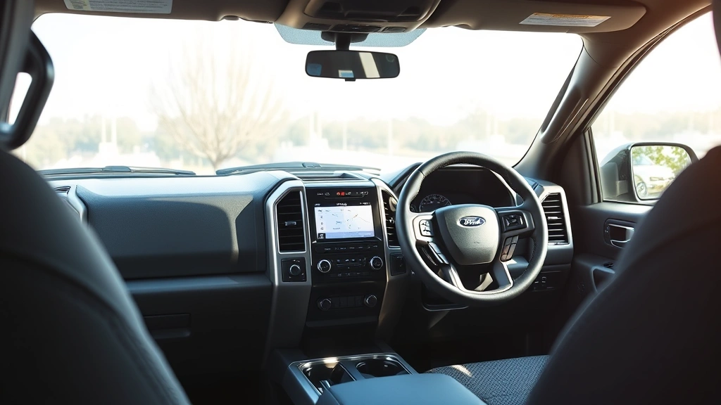 Interior cabin shot of a Ford truck dashboard showing modern infotainment screen, steering wheel, and gauge cluster, with comfortable cloth seats visible and natural light from side window illuminating the professional-grade interior design