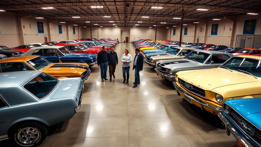 Wide-angle photograph of classic car auction house floor with multiple Fox Body Mustangs in various colors and conditions displayed for inspection, potential buyers walking between vehicles, professional lighting highlighting automotive details