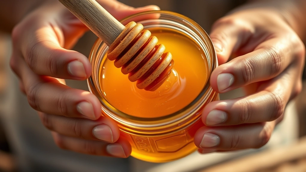Close-up of hands inspecting raw honey in a clear glass container with honeycomb visible, showcasing premium quality artisanal honey with warm golden light