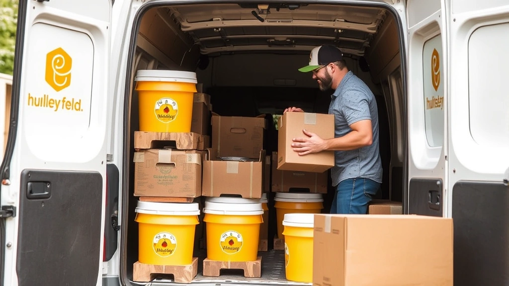 Professional delivery driver carefully loading properly packaged honey buckets into a branded delivery van, showing secure packaging and professional fulfillment practices