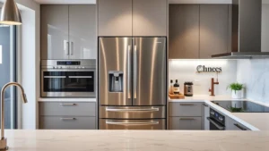 Modern kitchen with stainless steel French door refrigerator, sleek appliances, marble countertop, professional lighting, contemporary interior design, no text or signage visible