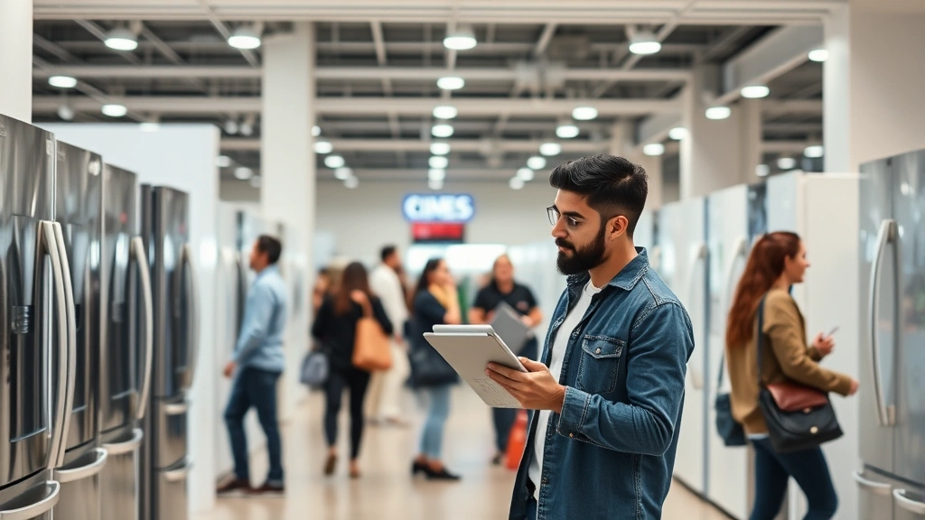 Consumer shopping for appliances in contemporary retail environment, examining refrigerator specifications on tablet, diverse shoppers, bright modern showroom setting, no price tags or store branding