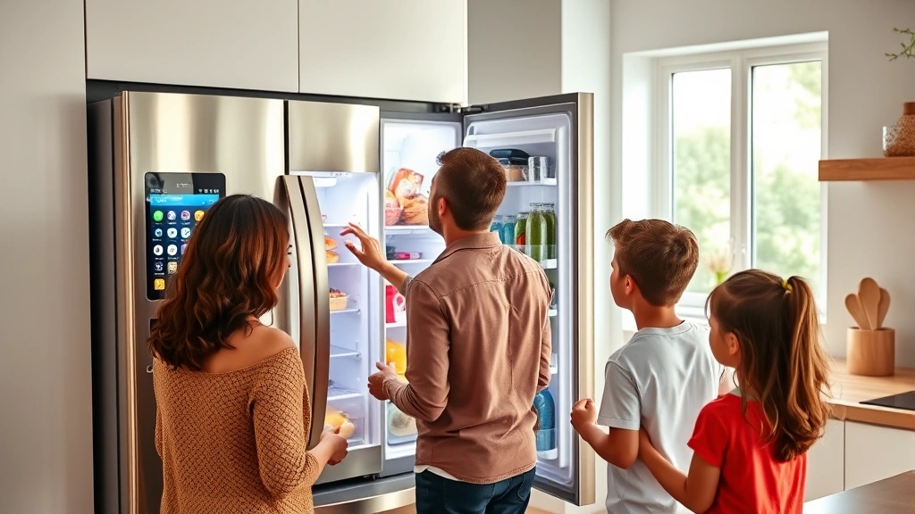 Family opening smart refrigerator with touchscreen display in modern kitchen, checking contents, bright natural lighting, contemporary home interior, people interacting with technology