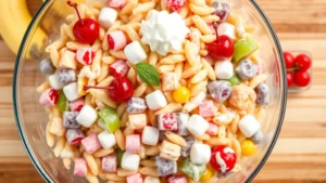 Overhead shot of creamy frog eye salad in a large glass mixing bowl, showing acini di pepe pasta mixed with colorful fruit pieces, marshmallows, and whipped dressing, garnished with maraschino cherries, professional food photography, bright natural lighting