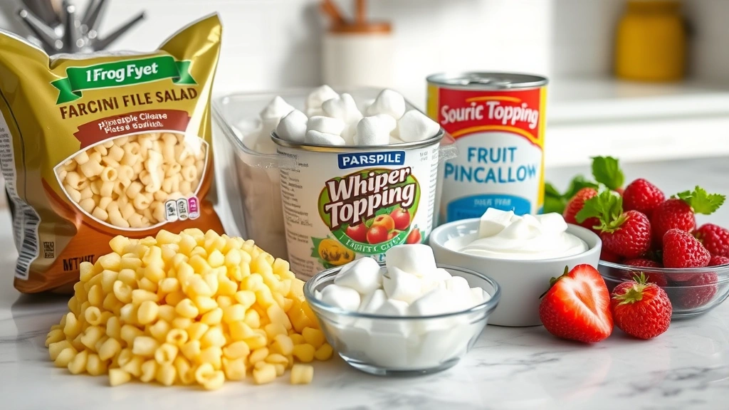 Close-up detail of frog eye salad ingredients arranged on marble countertop including acini di pepe pasta, fresh pineapple chunks, canned fruit cocktail, miniature marshmallows, whipped topping container, sour cream, and fresh berries, bright kitchen lighting