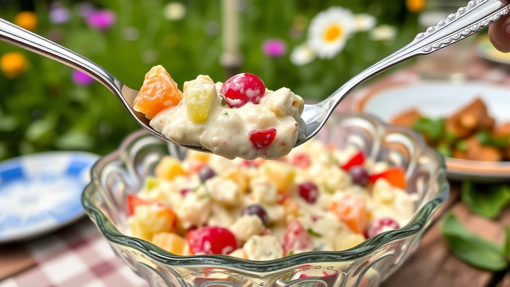 Serving spoon lifting a generous portion of frog eye salad from a vintage glass serving bowl at an outdoor picnic table, showing creamy texture and colorful fruit pieces, summer garden background, natural daylight, appetizing presentation