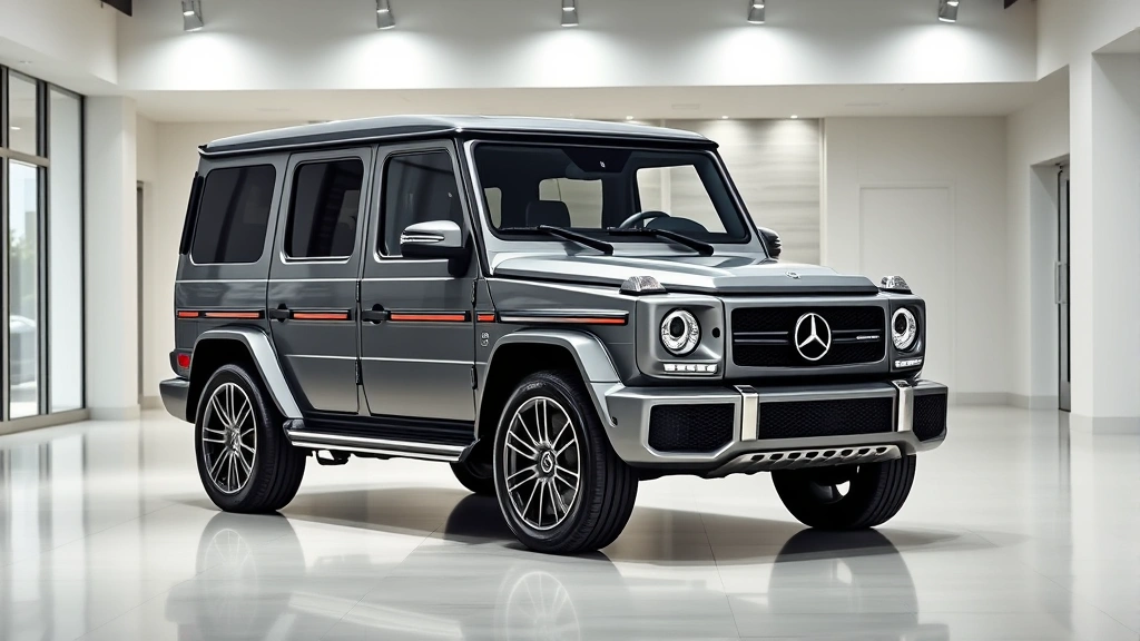 Luxury Mercedes-Benz G-Class SUV parked in modern dealership showroom with professional lighting, sleek grey G Wagon centered in frame, minimalist contemporary interior design background, professional automotive photography style, high-end luxury vehicle presentation