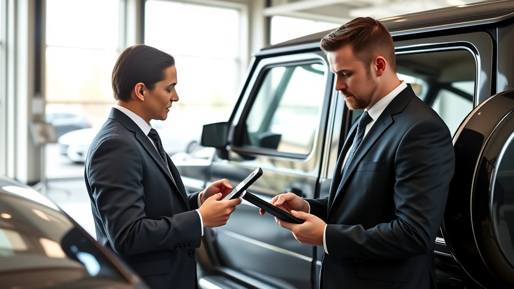 Upscale automotive sales professional conducting detailed vehicle inspection of G-Class SUV, using digital tablet for documentation, professional business attire, dealership service bay setting, natural daylight through large windows, authentic sales consultation moment captured professionally