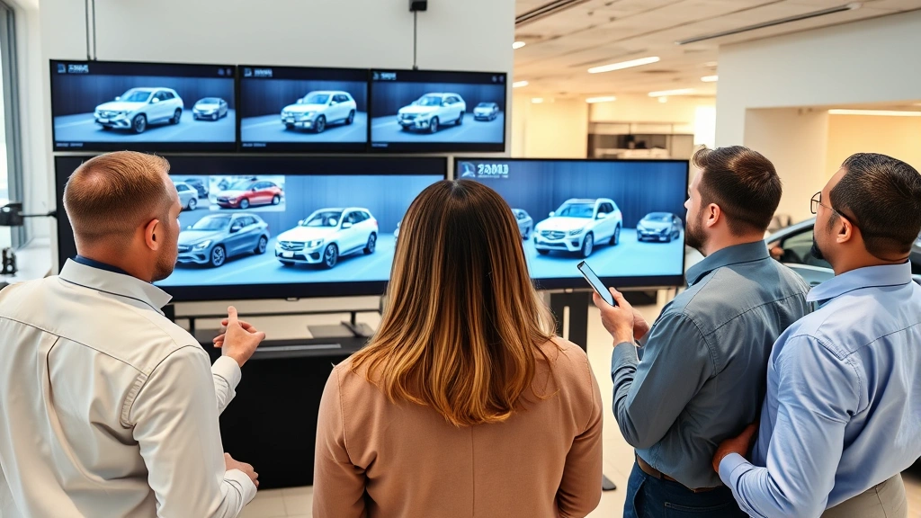 Diverse group of automotive buyers reviewing luxury vehicle inventory on digital display screens in modern dealership, multiple G-Class models visible on screens, contemporary office environment, professional business setting, collaborative purchasing decision moment