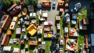 Professional overhead shot of organized garage sale display with vintage furniture, household items, and price tags clearly visible. Shoppers browsing colorful merchandise on a sunny residential driveway. Clean, well-lit setup showing various product categories arranged on tables and lawn.