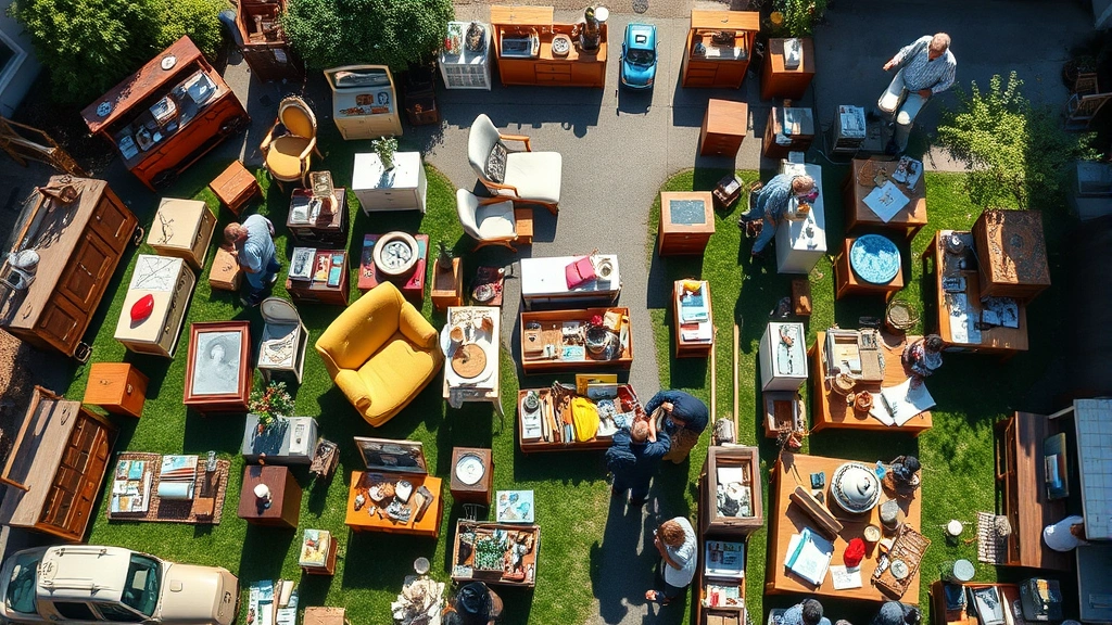 Professional overhead shot of organized garage sale display with vintage furniture, household items, and price tags clearly visible. Shoppers browsing colorful merchandise on a sunny residential driveway. Clean, well-lit setup showing various product categories arranged on tables and lawn.