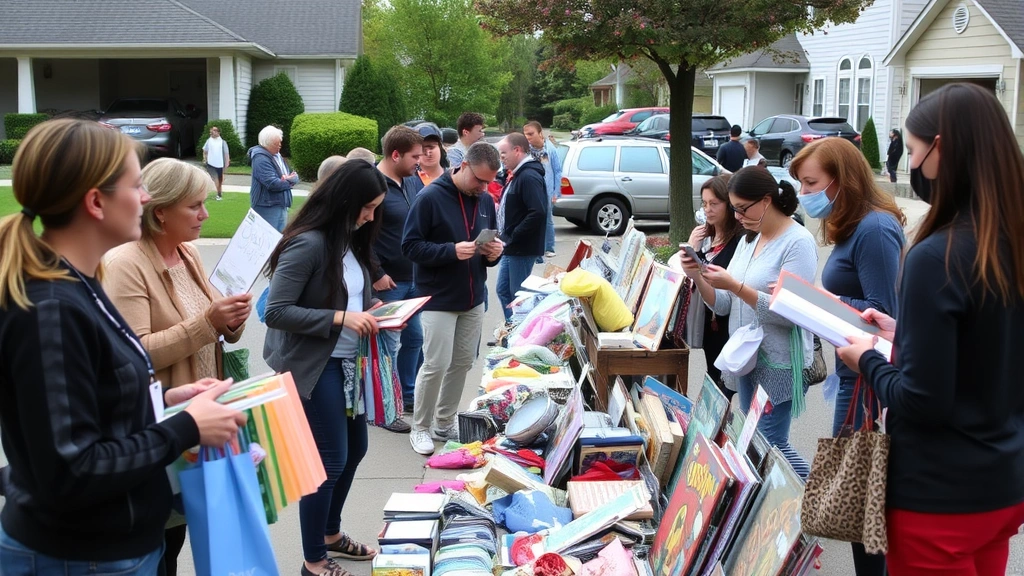 Dynamic scene of multiple shoppers examining items at an active garage sale. People holding merchandise, negotiating prices, and browsing organized displays. Residential neighborhood setting with driveway sale setup. Diverse shoppers of different ages and backgrounds shopping together.