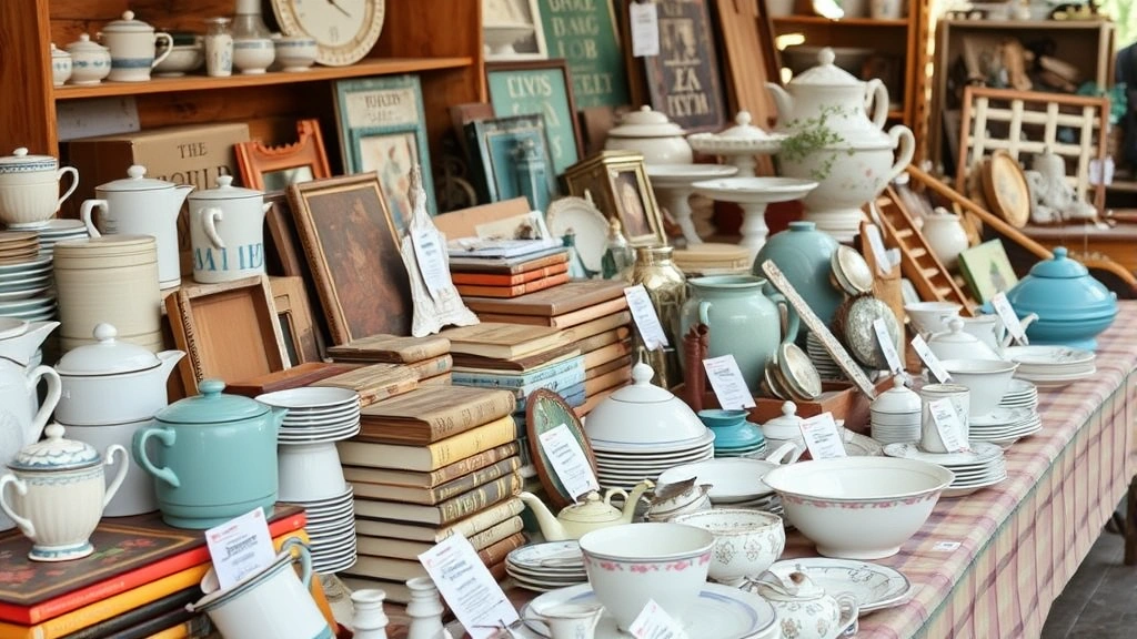 Close-up of organized garage sale items: vintage kitchenware, books, decorative items, and household goods neatly arranged on tables with clear price tags. Well-organized display system showing effective merchandising techniques. Natural daylight highlighting product details and condition.