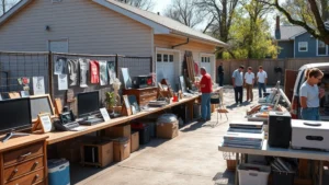 Professional garage sale setup with organized tables displaying furniture, electronics, and merchandise arranged by category with clear pricing signs, bright morning sunlight, busy shoppers browsing items, realistic suburban driveway setting