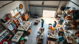 Professional overhead shot of a residential garage sale setup with diverse merchandise organized on tables and shelves, shoppers browsing items, morning sunlight streaming through open garage doors, clean organized display