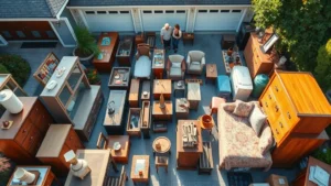 Professional overhead shot of organized garage sale merchandise with furniture, vintage items, and household goods neatly arranged on driveway, morning sunlight, shoppers browsing in background