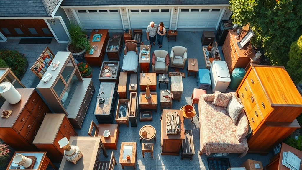 Professional overhead shot of organized garage sale merchandise with furniture, vintage items, and household goods neatly arranged on driveway, morning sunlight, shoppers browsing in background
