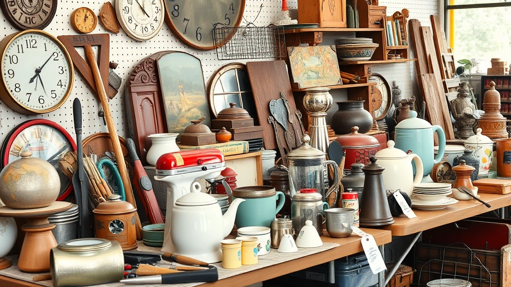 Close-up of diverse garage sale items including vintage collectibles, tools, kitchen equipment, and decorative pieces displayed on tables with price tags visible, natural daylight