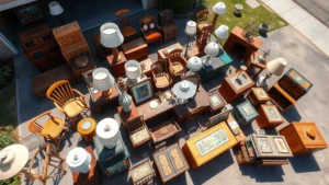Overhead view of diverse vintage items and furniture displayed on driveway including wooden chairs, lamps, framed artwork, and decorative boxes arranged for garage sale, bright morning sunlight creating clear shadows, suburban residential setting visible in background
