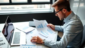 Professional businessman analyzing financial documents and data charts at modern office desk with laptop and calculator, natural lighting from window, business casual attire, focused expression