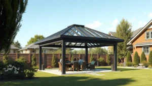 Modern aluminum hardtop gazebo with polycarbonate roof in spacious backyard, family gathering underneath during afternoon, clear weather, professional landscape design, photorealistic