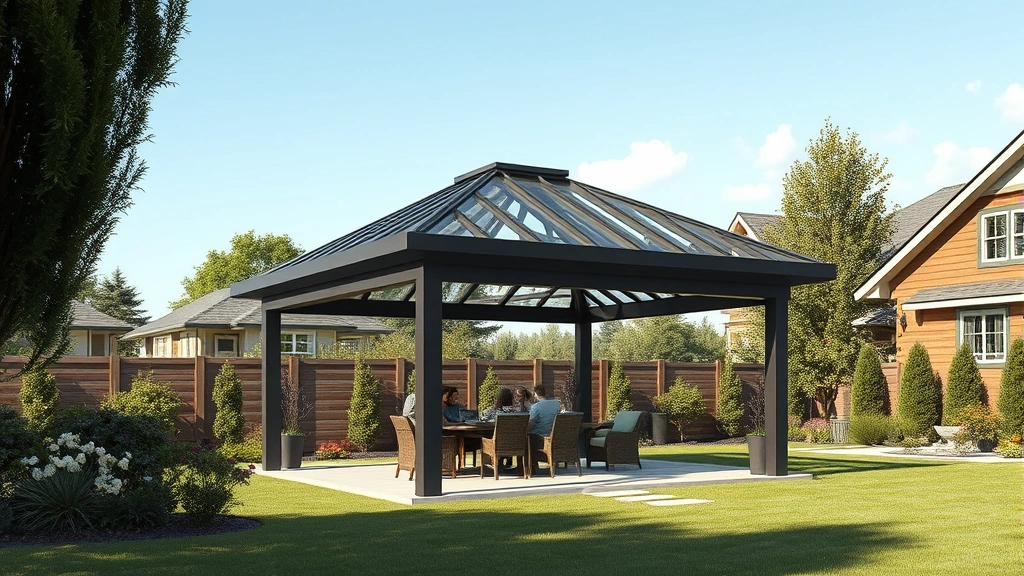Modern aluminum hardtop gazebo with polycarbonate roof in spacious backyard, family gathering underneath during afternoon, clear weather, professional landscape design, photorealistic