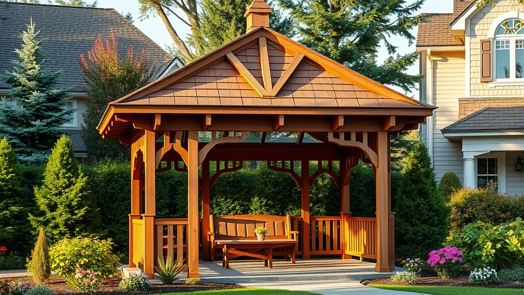 Premium wood cedar gazebo with traditional peaked roof integrated into upscale residential garden, afternoon lighting highlighting natural wood grain and architectural details, photorealistic