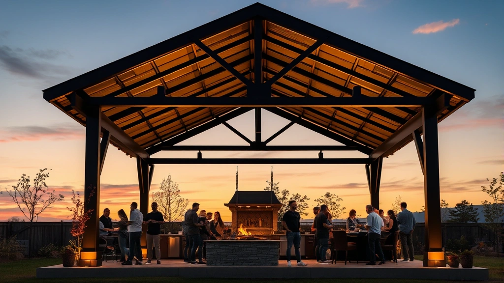 Large steel frame gazebo with integrated outdoor kitchen and entertaining space, multiple people socializing underneath, sunset lighting, professional installation, photorealistic