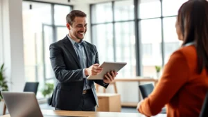 Professional business person in modern office conducting a sales presentation to a client, showing product features on tablet or laptop, both smiling and engaged in conversation, natural lighting, contemporary workspace