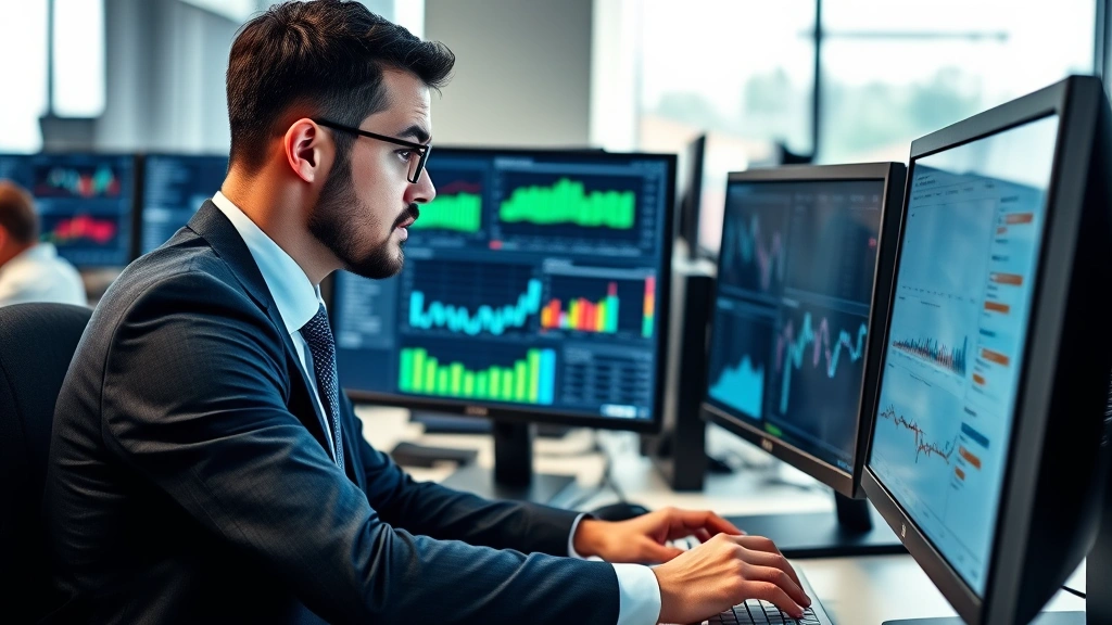 Sales agent reviewing customer data and analytics on computer screen in busy sales office environment, multiple monitors showing CRM dashboard, charts and sales metrics, professional attire, focused expression