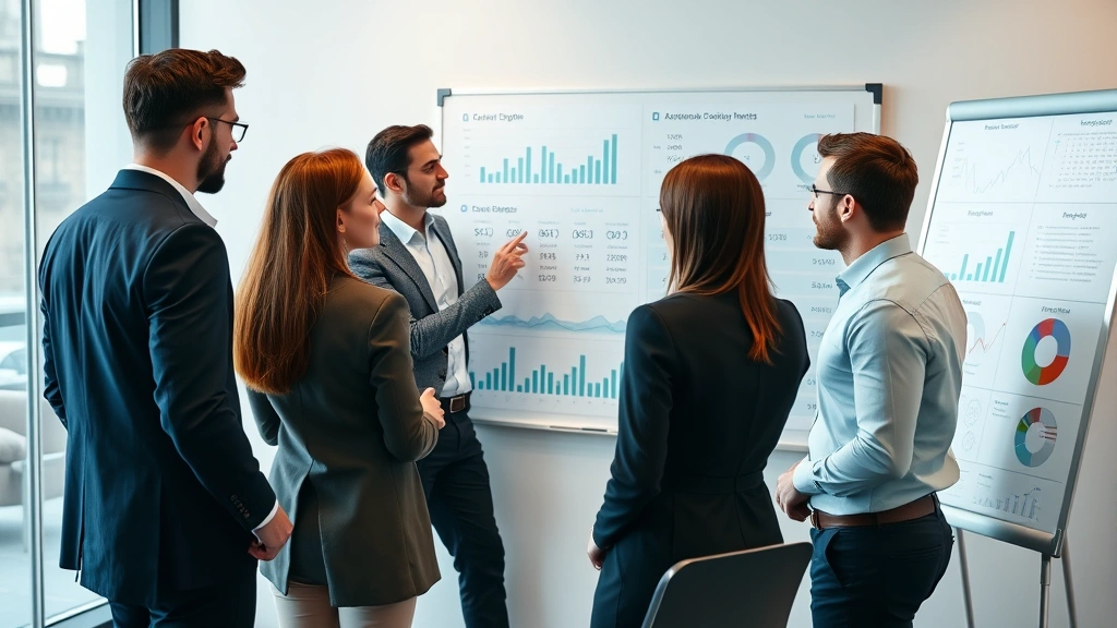 Diverse sales team in collaborative meeting reviewing sales targets and performance metrics on whiteboard, discussing strategy, professional business casual clothing, modern conference room setting