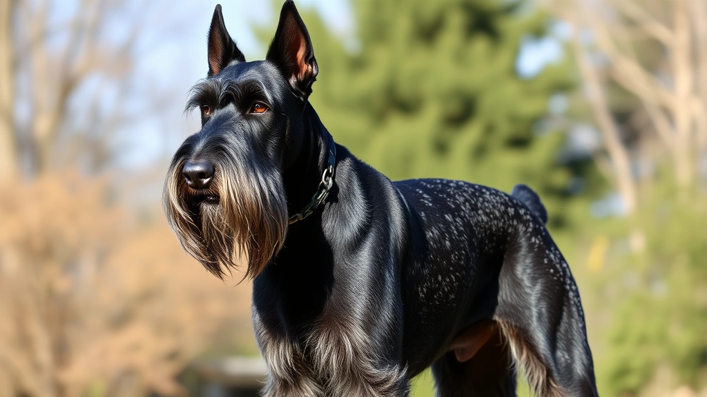 Professional Giant Schnauzer dog standing in alert pose outdoors, showing distinctive bearded face and dark salt-and-pepper coat, natural daylight photography