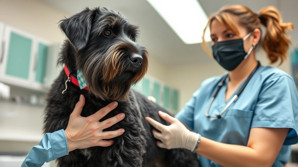 Responsible breeder conducting health examination of Giant Schnauzer puppy in clean veterinary clinic setting, professional medical environment with proper lighting