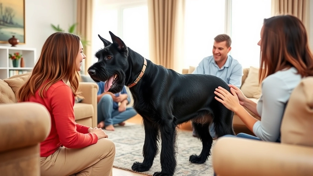 Family interacting with Giant Schnauzer dog in home living room, showing breed's temperament and size, warm domestic setting with natural furniture