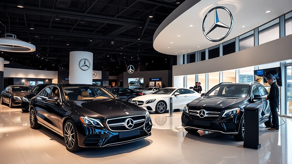 Luxury automotive dealership showroom with modern Mercedes-Benz vehicles on display, professional lighting highlighting vehicle features, sleek contemporary interior design with digital displays and professional staff consultation area, high-end retail environment