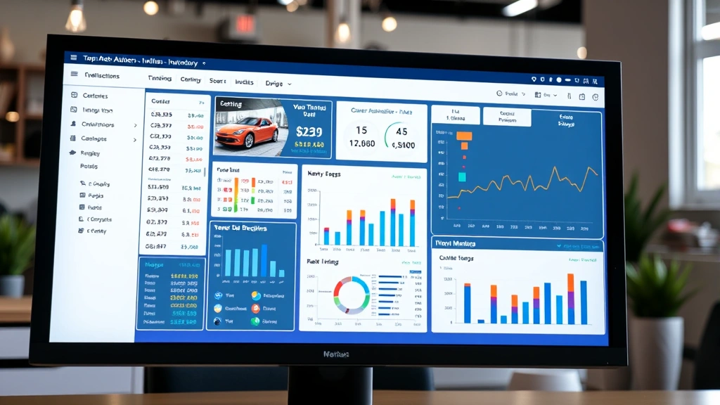 Professional automotive inventory management dashboard on computer screen showing vehicle listings, pricing analytics, market comparisons, and real-time inventory metrics with charts and data visualizations clearly visible