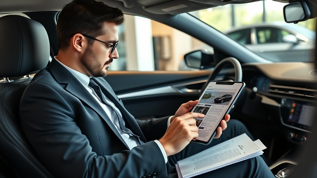 Luxury car buyer reviewing detailed vehicle information on tablet device while sitting in comfortable modern office setting, professional presentation materials and vehicle specification documents visible, confident affluent customer in business attire