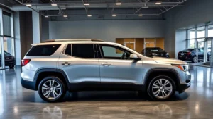 Professional photograph of a silver GMC Acadia SUV parked in a modern dealership showroom with polished concrete floors and contemporary lighting, showcasing the vehicle's three-row configuration and premium styling details