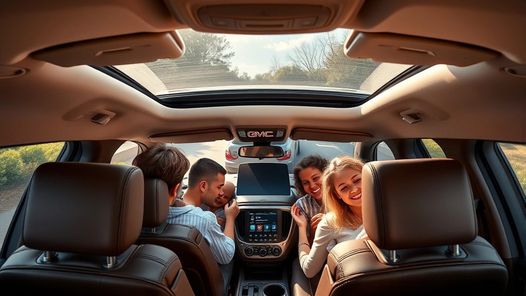 Overhead lifestyle shot of a family of five inside a GMC Acadia interior, showing spacious seating arrangement, digital dashboard display, and premium leather seats with natural daylight streaming through panoramic sunroof