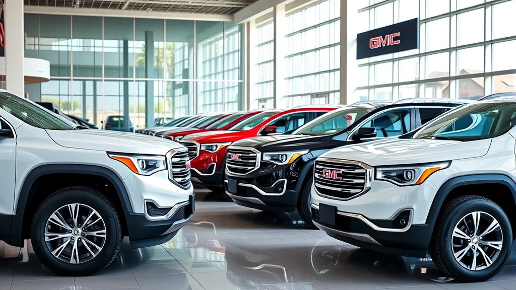 Business-focused photograph of automotive dealership sales floor with multiple GMC Acadia models in various colors lined up, featuring modern dealership architecture, glass windows, and professional display setup without text or signage