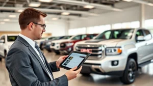 Professional automotive salesman in business casual attire showing GMC Canyon specifications on tablet to interested male buyer in modern dealership showroom with trucks visible in background